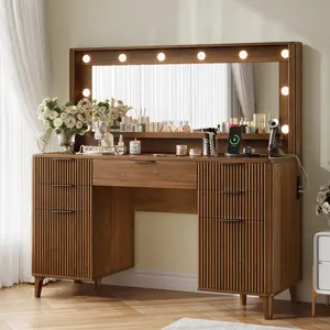 TOKSOM 48.8" Fluted Vanity Desk with Mirror and Adjustable LED Lights,Walnut/Natural Color Makeup Table with Four Large Drawers and Two Cabinets and Charging Station for Women and Girls, Bedroom or Dorm/Best Gift Ideas/Valentine's Day Gift