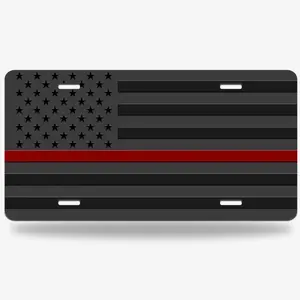 American Flag, with Thin Red Line Metal Plate Aluminum License Plate - 6X12 - Inch Polished Metal Standard Plate, Easy to Install, Only for Decoration, Made in the USA