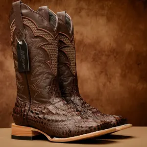 Brown Caiman Neck Leather Boots - Square Toe