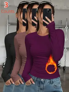 3-Pack Women's Thermal Underwear Tops, Fitted Solid Color Classic Crew Neck Long-Sleeve Base Layers for Autumn & Winter - Ideal as Running, Hiking Activewear, Comfortable Base Layer Tees Suitable for Outdoor Activities