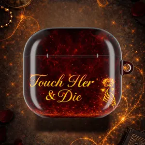 Touch Her & Die AirPod Case | Gothic Rose Script, Dark Red Marbled Design