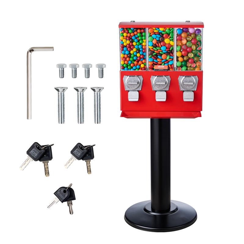 VEVOR Commercial Vending Machine,  , Triple Compartment Candy Dispenser with Iron Stand, Gumball and Candy Machine for Business, Coin Operated Gumball Bank for Toy Capsules Bouncy Balls Candy Nut, Red