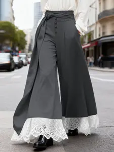 INCERUN Men Pants Lace Patchwork Button Casual Wide Leg Trousers Men With Belt Streetwear Loose Fashion Male Long Pants