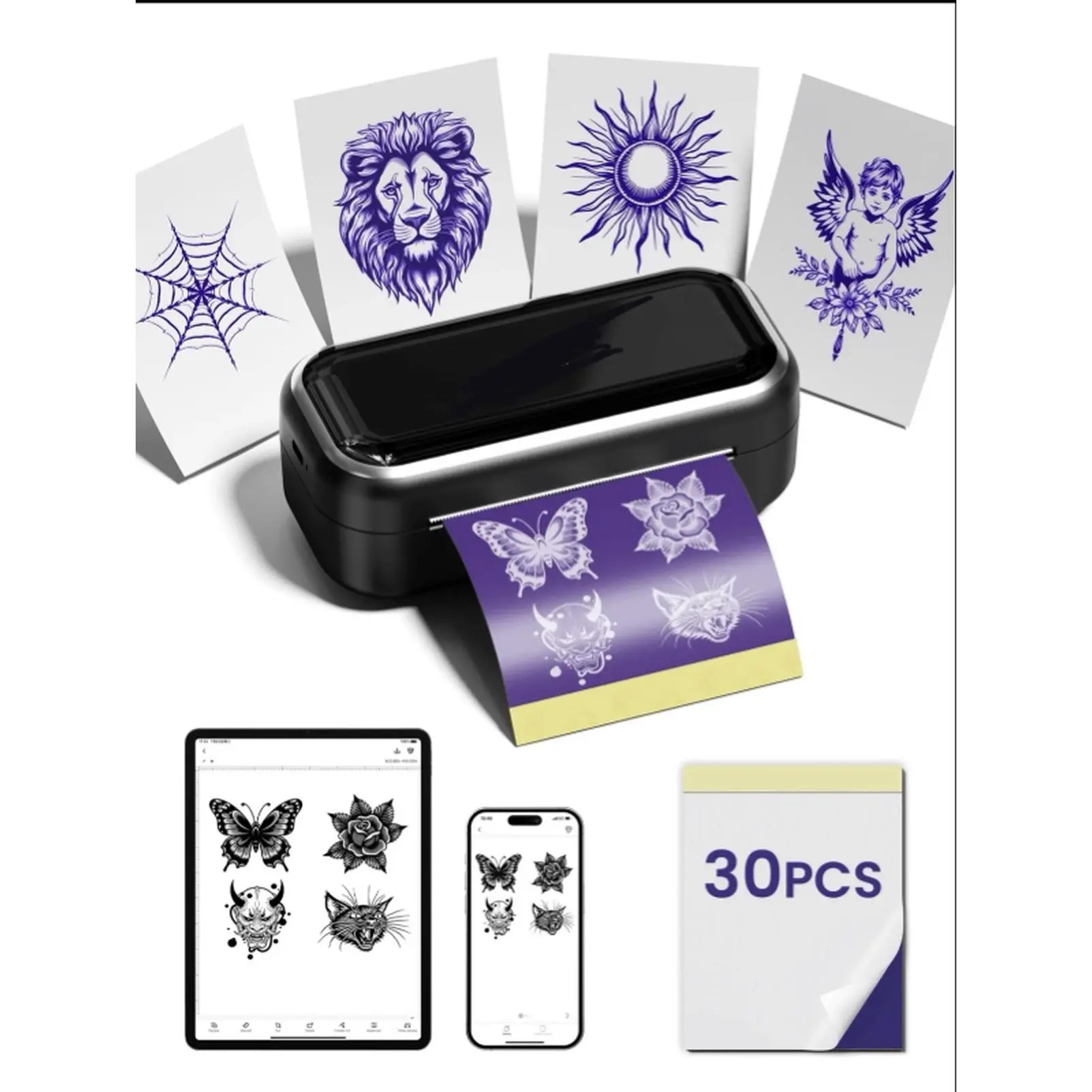 TP31 Wireless Tattoo Transfer Stencil Printer 3.15" x 5.24" Mini Thermal Copier with 30pcs Free Paper 2200mAh Battery Type-C Cable Inkless 203dpi Portable for Tattoo Artists Experts Beginners