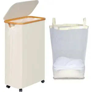 Slim Laundry Hamper with Wheels, Narrow Laundry Basket with Lid and Removable Bag, Aesthetic Dirty Clothes Hamper  Wheels for Laundry Room, Bedroom, Dorm and Bathroom, 75L Beige