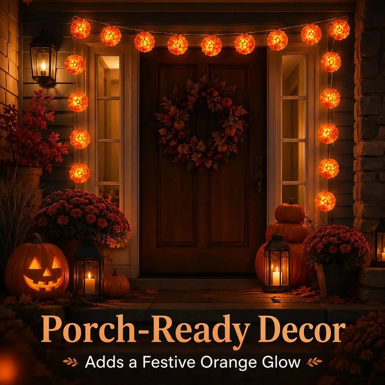 10Ft Marigold Flower String Lights, 20 Flashing LED Battery Operated Artificial Cempasuchil Garland, Indoor Outdoor For Dia De Los Muertos, Diwali, Halloween, Fall Party Decor