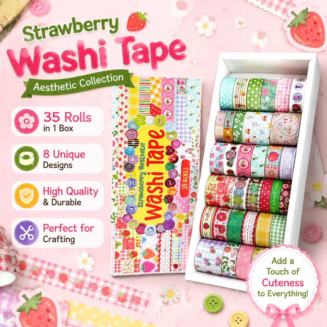 Strawberry Washi Tape Set 35 Rolls, Cute Aesthetic Floral Fruit Decorative Masking Tape for Journaling Scrapbooking DIY Craft Gift Wrapping