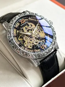 Classic Mechanical Watch for Men, Nautilus Wave Design, Automatic Movement, Casual Style, and Band, Mineral Glass Dial, Leather Watch