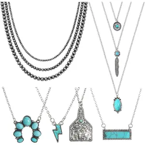 6 count Western Necklaces for Women Layered Navajo  Necklace Turquoise Cow Lightning Horseshoe Pendant Necklace Cowgirl Boho  Set