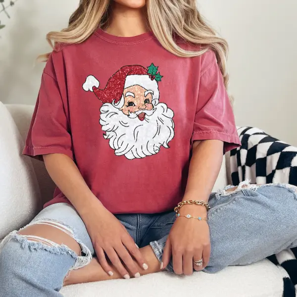 Glitter Santa Christmas Comfort Colors Tshirt, Christmas Graphic Shirts for women