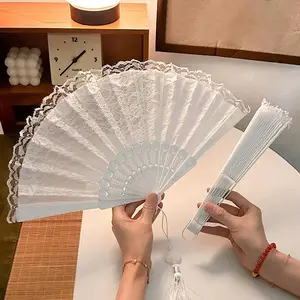 Folding Fan Lace Flower Decor Chinese Style Fan Hand Held Anitque Art Craft Japnese Summer Female Dance Home Party Decoration