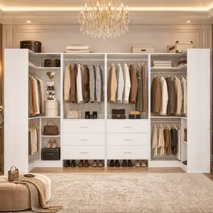 Cyclysio 112.5" U-Shaped Closet Organizer, Reversible Modular Freestanding Corner Walk-in Closet System Wardrobe with 6 Wood Drawers & 6 Hanging Rods, Heavy Duty space-saving Custom Closet tower storage organization Set