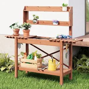 Solid Wood Potting Bench, Outdoor Work Bench with Multiple Storage Shelves and Hooks, Horticulture Potting Table with Sliding Tabletop, Dry Sink, Cherry
