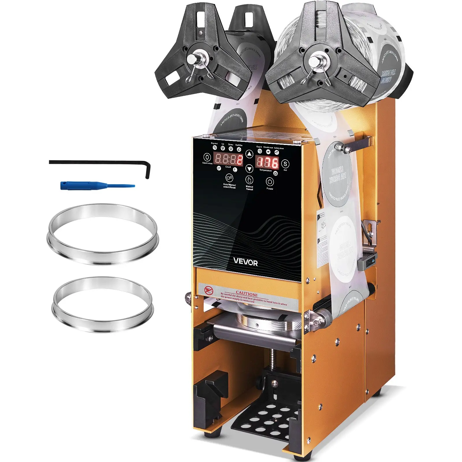 【Summerfinds】VEVOR Fully Automatic Cup Sealing Machine, 500-650 Cups/H, Cup Sealer Machine for 180 mm Tall & 90/95 mm Cup, Electric Boba Tea Sealer with Digital Control LCD Panel for Bubble Milk Tea Coffee, Gold