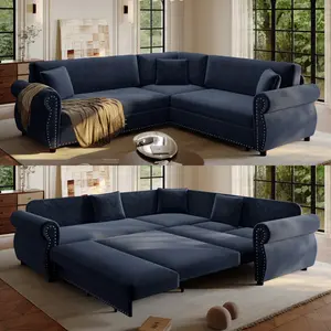 Aobtkel®118" L-Shaped Sofa Couch with Pull-Out Bed,Oversize Convertible Sleeper Sofa with Nailhead Trim & Rolled Arm,Chenille Upholstered Sectional Couches,Dark Grey