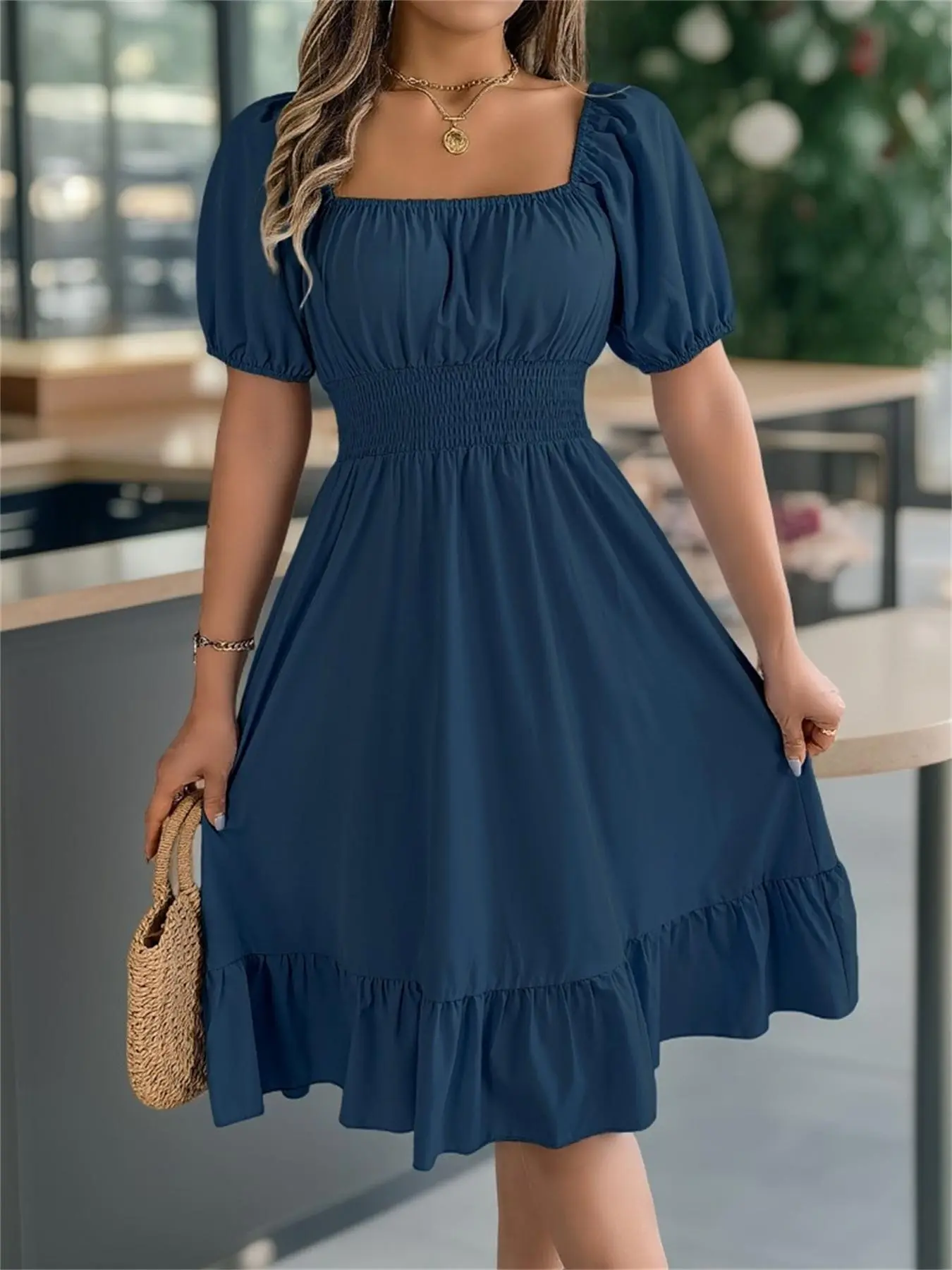 Women's Plain Ruffle Hem Shirred A Line Dress, Casual Fashion Dress, Casual Puff Sleeve Square Neck Knee Length Dress for Summer, Women's Clothing for Daily Wear - TikTok Shop Women's Plain Ruffle Hem Shirred A Line Dress, Casual Fashion Dress, Casual Puff Sleeve Square Neck Knee Length Dress for Summer, Women's Clothing for Daily Wear - TikTok Shop