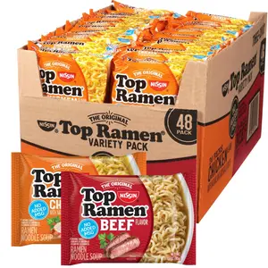 Nissin Top Ramen Noodles, Chicken and Beef Soup, Variety Pack, 3 Ounce (Pack of 48) Instant Food