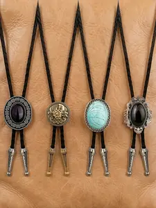 4 Pcs Retro Bolo Tie Accessories in Timeless Dark Shade for Women Men Exquisitely Crafted of Durable Alloy Soft Genuine Leather Premium Lightweight Polished Finish Sparkling CZ Embellishments Distinct Ethnic Totem Western Cowboy Vintage Allure