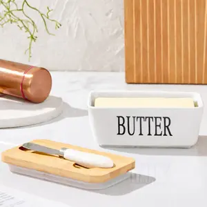 350Ml ceramic Kitchen butter box with bamboo lid and cutter, double silicone seal, white design, minimalist style butter box, excellent butter storage solution.