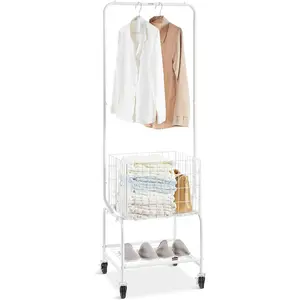 TikTokShopBlackFridayVEVOR Metal Rolling Laundry Basket with Hanging Garment Rack, Laundry Hamper Cart Adjustable Height with Basket Load and Shelf Load, Storage Organizer with Heavy Duty Lockable Wheels