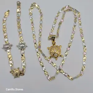 Turtles Fashion Set Necklace with Multi-Stones Pendant and Bracelet - Three Color Plated, 8 Inches