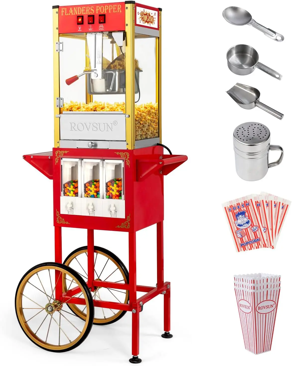 ROVSUN Cart-Mounted Popcorn Popper Machine with Wheels, 8/10 Oz Kettle (Makes Up to 32 Cups), Candy Dispensers, Stainless Steel Scoop, Oil Spoon & 3 Cups for Home & Commercial Movie Theater Use, Makes Popcorn