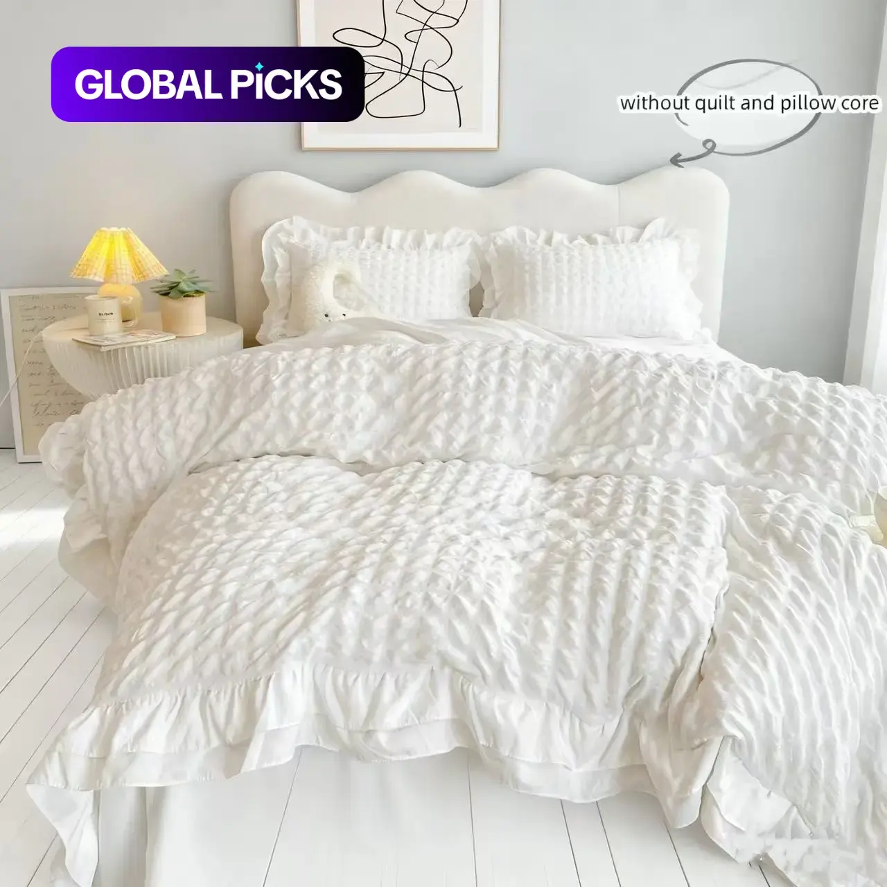 3pcs Korean-Style White Seersucker Duvet Cover Set, Soft Bedding Set, Comfy Bed Sets, 1pc Duvet Cover + 2pcs Pillowcases (without comforter and pillow insert), 100% Polyester, Single/Queen Size, All Seasons #GLOBAL PICKS