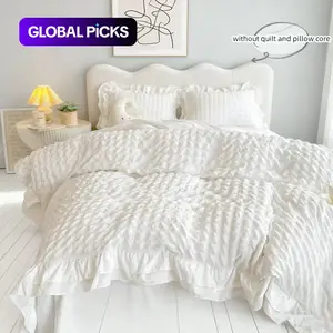 3pcs Korean Style white seersucker Duvet Cover Set, Soft Bedding Set, Textured Bedding Set, 1Pc Duvet cover+2Pcs Pillowcases（without comforter and pillow insert)）100% Polyester, Single Twin Double Queen Size, All Seasons #GLOBAL PICKS