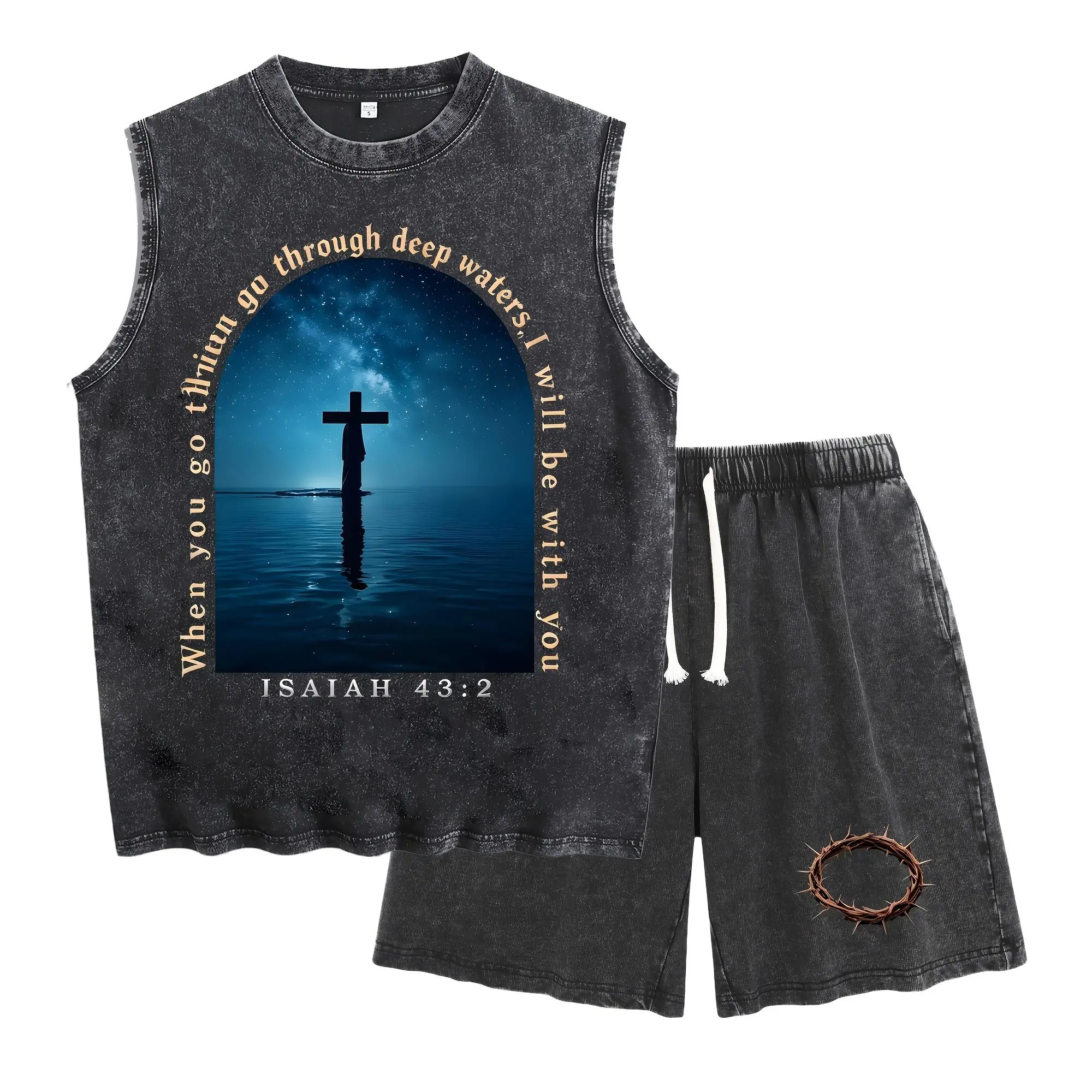 When You Go Through Deep Waters I Will Be With You Isaiah 43:2 Vintage Washed Sleeveless Tank Top Thorn Crown Print Shorts Set Christian Bible Verse Two Piece Summer Loungewear Outfit