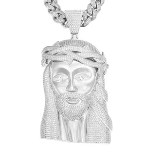 2201 Iced Out Hip Hop Rapper Jesus Head Religious Bling Pendant Chain, Diamond-Accented Customizable with Engraved Letters/Logos/Patterns, Bling Necklace, Complimentary Shipping