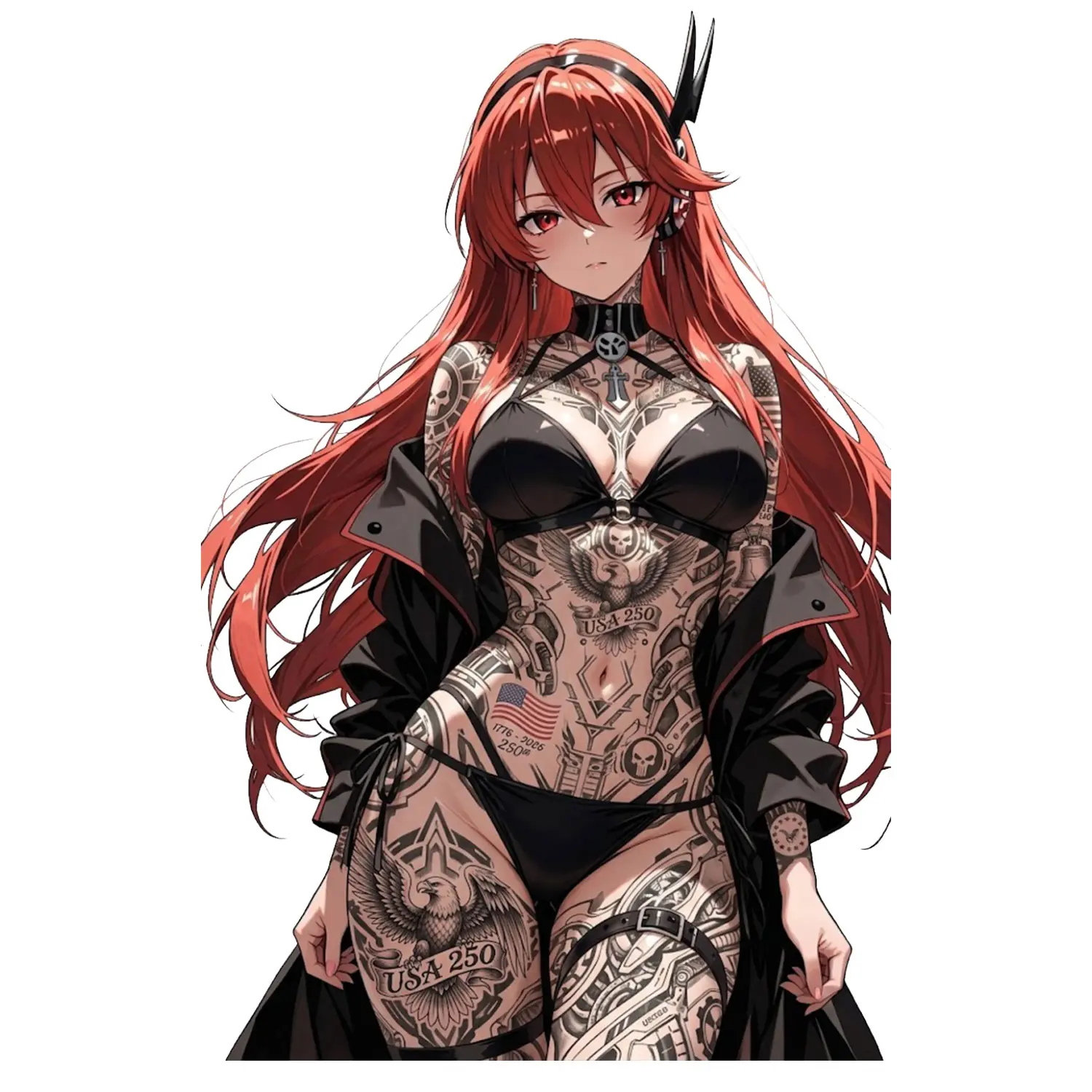 USA 250 Red Hair Anime Character Vinyl Sticker, Gothic Patriotic Freedom Decal For Laptop Tumbler Phone Car Helmet, Bold Tattoo Art 1776–2026