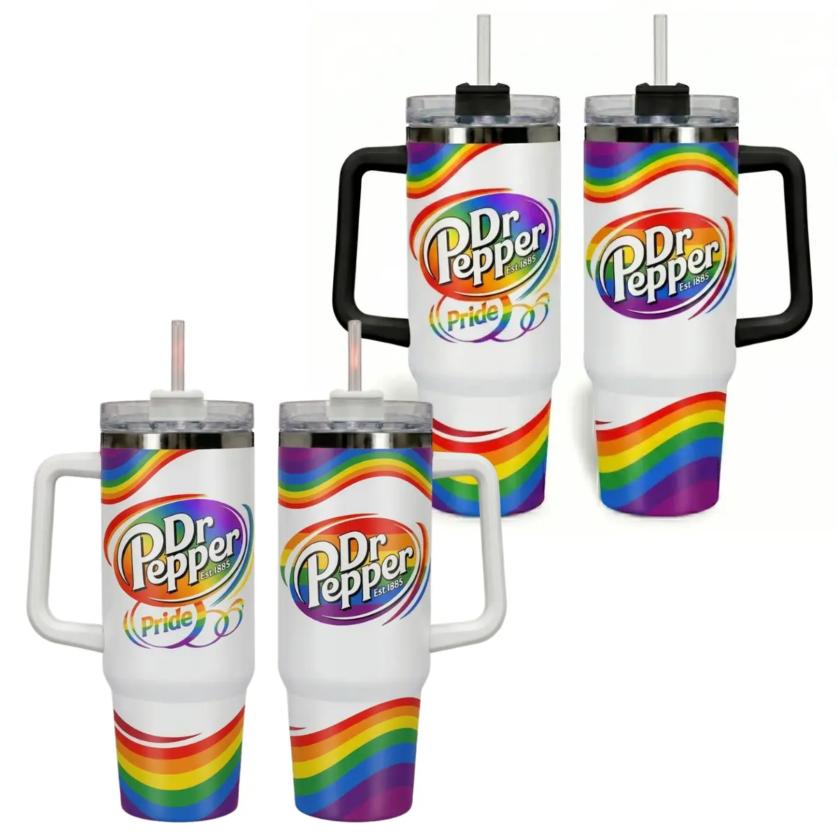 #DrPepperr Pride Month Rainbow Tumbler with Handle 40oz, Month Pride Flag Stainless Steel Insulated Cup, Cool Pop Beverage Merch, Unique Love Wins Gift, Colorful Soda Lover Travel Coffee Flask with Straw, Aesthetic White Vacuum Water Bottle