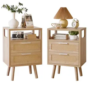 Night Stand Set 2, 15.4" Modern Storage Bedside Table,2 Drawers with Golden Metal Handles, Natural Wood End Table for Bedroom or Sofa,Natural Wood/Black