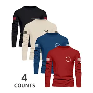 Men's Flag Series Crew Neck Long Sleeve T-Shirt Set, Casual Outdoor Pullover for Spring & Fall, Fitted Letter Pattern Design Athletic Fashion Activewear Compression Sports Tee