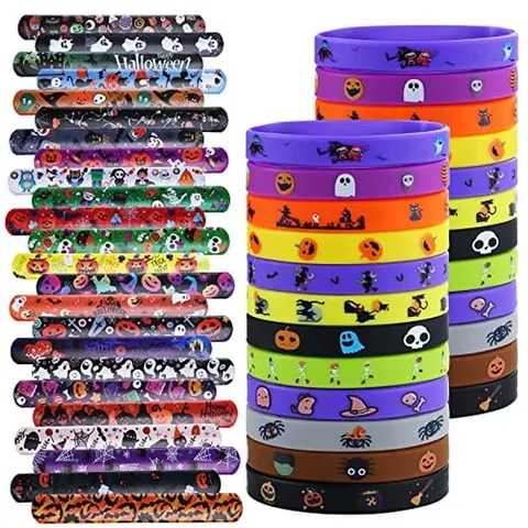 48Pcs Halloween Rubber Slap Bracelets - Festive Party Accessory, Classroom Prizes, Treat Bag Fillers