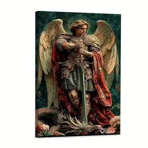 A Canvas Painting of Saint Michael the Archangel Fighting a Dragon, Classic Retro Style, Suitable for Living Room, Bedroom, Saint Michael Image, Michael Print, Wall Painting, Wall Decoration