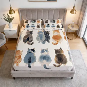 3 Pcs Watercolor Cat Butt Print Fitted Sheet Set, 360° Elastic Deep Pocket Cute Cat Bedding Set, Soft Breathable HD Digital Print Cat Lover Bed Sheet (No Insert), for Twin/Full/Queen/King Bedroom Beds