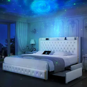 Queen LED Bed Frame with Galaxy Projector, Bluetooth Speakers, 4 Storage Drawers, PU Leather Upholstered – Smart RGB Light Bed for Gaming & Bedroom Decor | Cama LED Queen