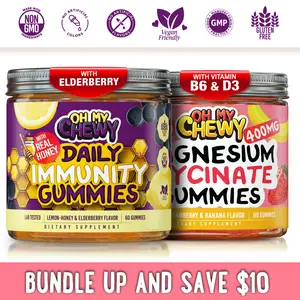 OH MY CHEWY Immunity + Magnesium Glycinate Gummies Bundle – 2 Bottles (60 Each) – Lemon Honey Elderberry & Strawberry Banana Healthy Snacks