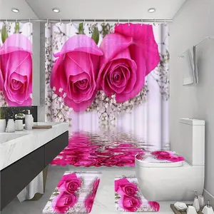 Rose Pattern Bathroom Decorations, 4 Counts/set Including 1 Shower Curtain & 1 Toilet U-shape Mat & 1 Rectangular Mat & 1 Toilet Lid Cover, Bathroom Accessories