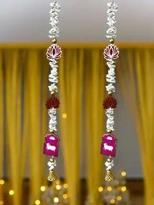 Beautiful Pichwai & lotus on Wood with Gota Ball, Bell Ornament & Gajra Hanging Set of 2 for Indian Festival, Indian Wedding, Mehndi, Sangeet, Pooja or Diwali Decor