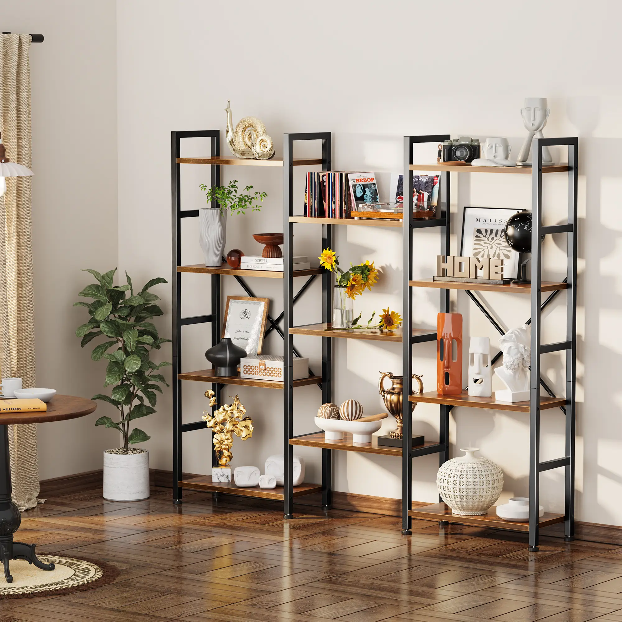 SUPERJARE Triple 4 Tier Bookshelf, Bookcase with 11 Open Display Shelves, Wide Book Shelf Book Case for Home & Office