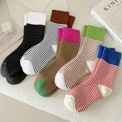 Women's Striped Print Mid-calf Fitted Casual Socks, Casual Comfy Breathable Socks for Daily Wear, Women's Socks for All Seasons, Sock Set