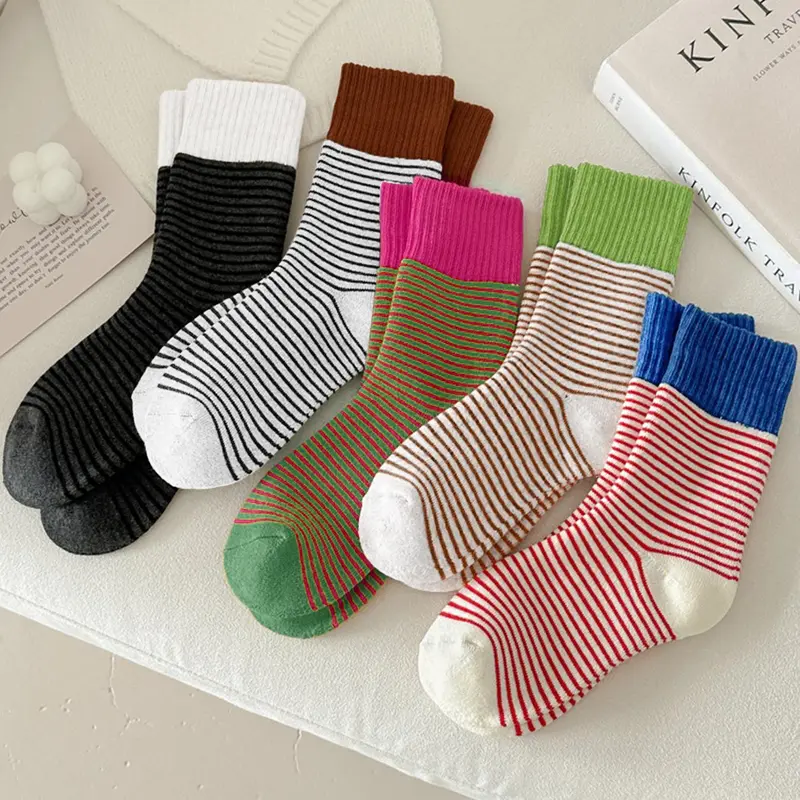 Women's Striped Print Mid-calf Fitted Casual Socks, Casual Comfy Breathable Socks for Daily Wear, Women's Socks for All Seasons, Sock Set
