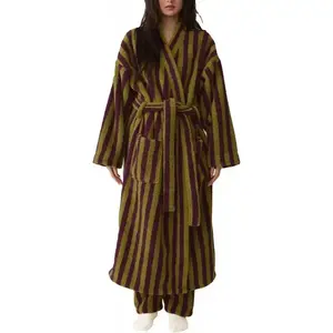 Women's Fuzzy Fleece Long Robe Striped Plush Kimono Warm Thick Fluffy Oversized V Neck Loungewear Maxi Bathrobe