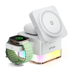 3-in-1 Magnetic Wireless Charger Cube 15W Fast Charging Foldable Stand with Night Lamp for iPhone 17/16/15/14/13/12, Apple Watch, AirPods – Portable Travel Charging Dock
