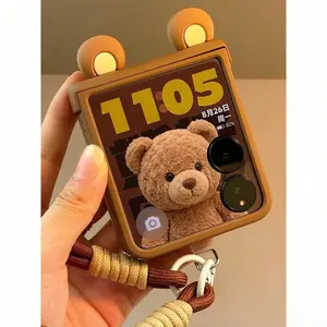 Hinged Dynamic 3D DIY Brown Double Ears Cute Phone Case with Wrist Strap for Samsung Galaxy Z Flip 7 FE / Z Flip 7 / Z Flip 6 / Z Flip 5