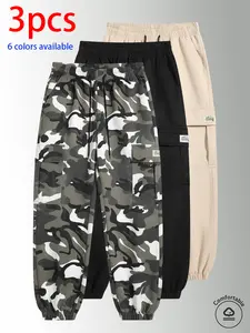 3-pack men’s long pants: men’s camouflage cargo jogger pants, loose slim fit multi-pocket casual pants with elastic drawstring design, available in multiple colors, suitable for everyday wear, holiday travel, and outdoor hiking.
