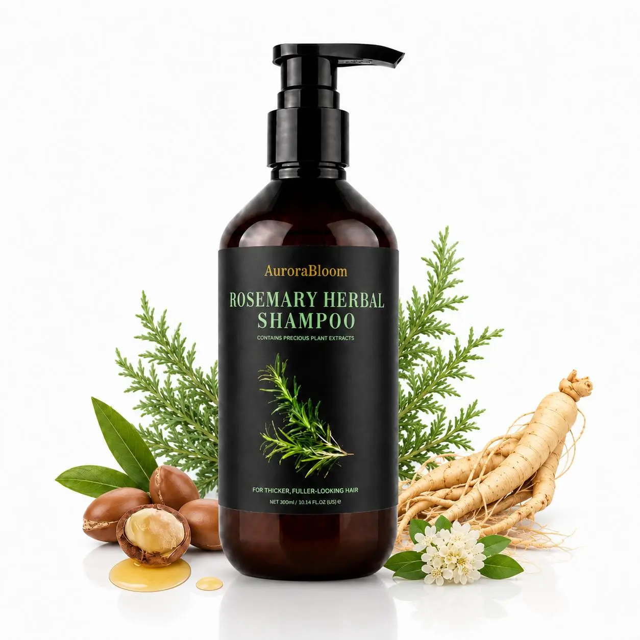 AuroraBloom Herbal Nourishing Volumizing Liquid Shampoo - Rosemary Blend Haircare for All Hair Types, Reduces Shedding From Breakage, Oil Control, Scalp Care, With Jojoba Seed & Fleeceflower Root, 300ml