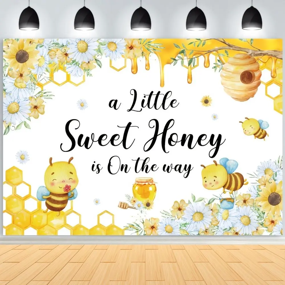 1pc Cute Soft 2D Flat Bee Theme Baby Shower Backdrop - Glam, Durable White Photography Textile, Sunflower & Honeycomb Design, "A Sweet Little Honey Is On The Way" Banner, Bumblebee Accents for Baby Shower Events